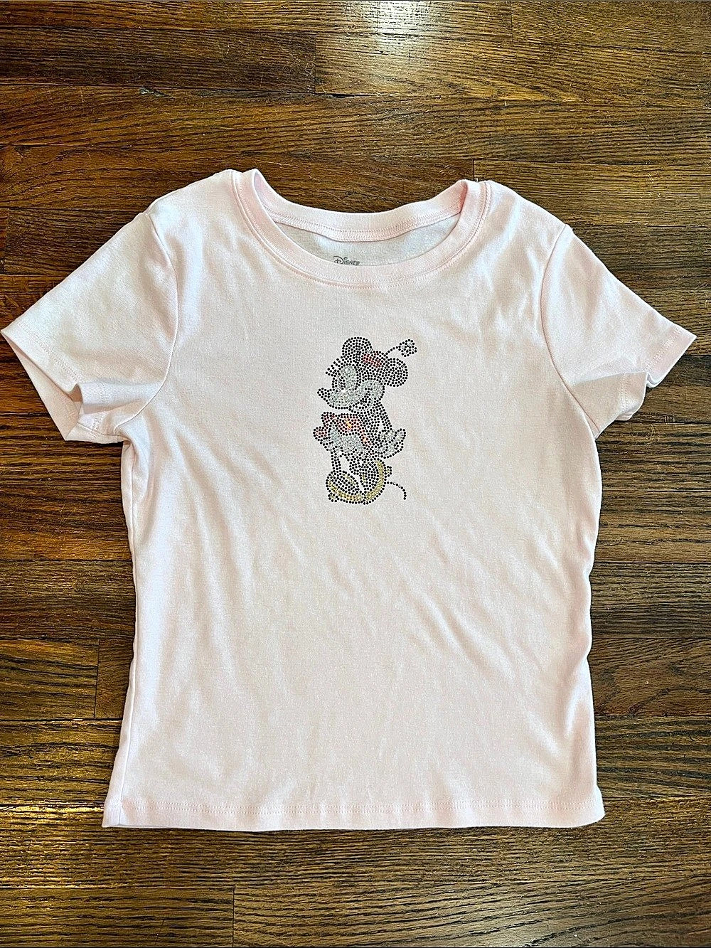 Disney Minnie Mouse Bedazzled Rhinestone Cropped Baby Tee Pink Women’s S